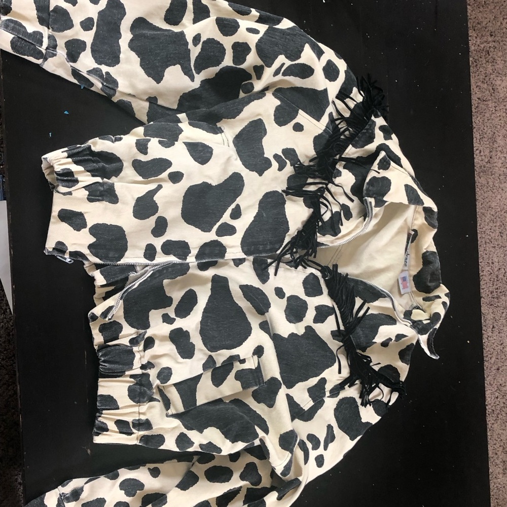 Cow Print Jean Jacket with Fringe
